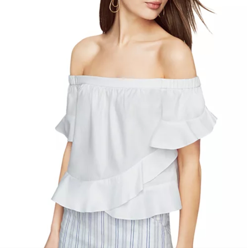BCBGMAXAZRIA Trixy White Off-the-Shoulder Ruffle Crop Top Size XS